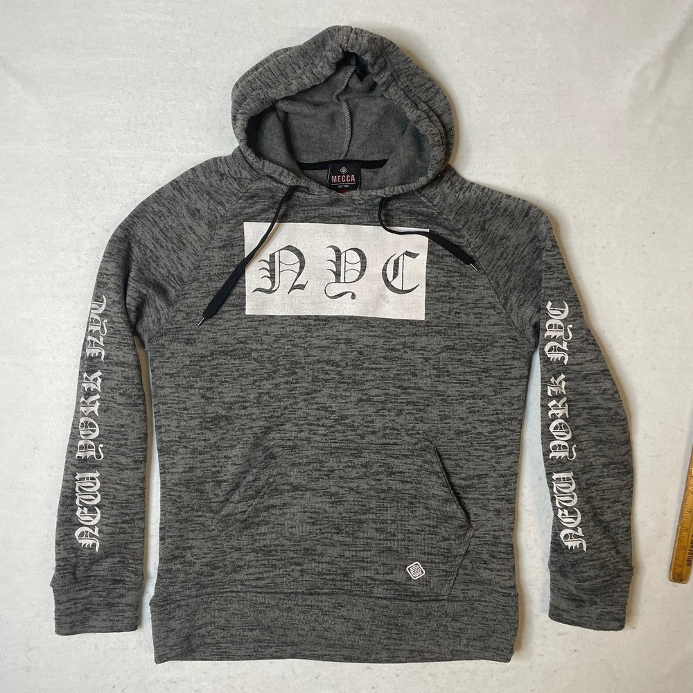 MECCA NYC Hoodie Mens Size L Heather Gray Logo Spell Out Streetwear Pullover‎